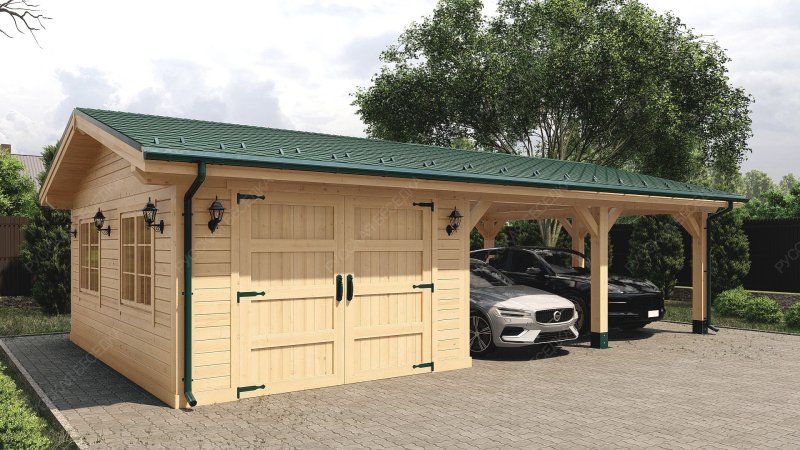 Двухскатный гараж с навесом, въезд сбоку Гаврилково